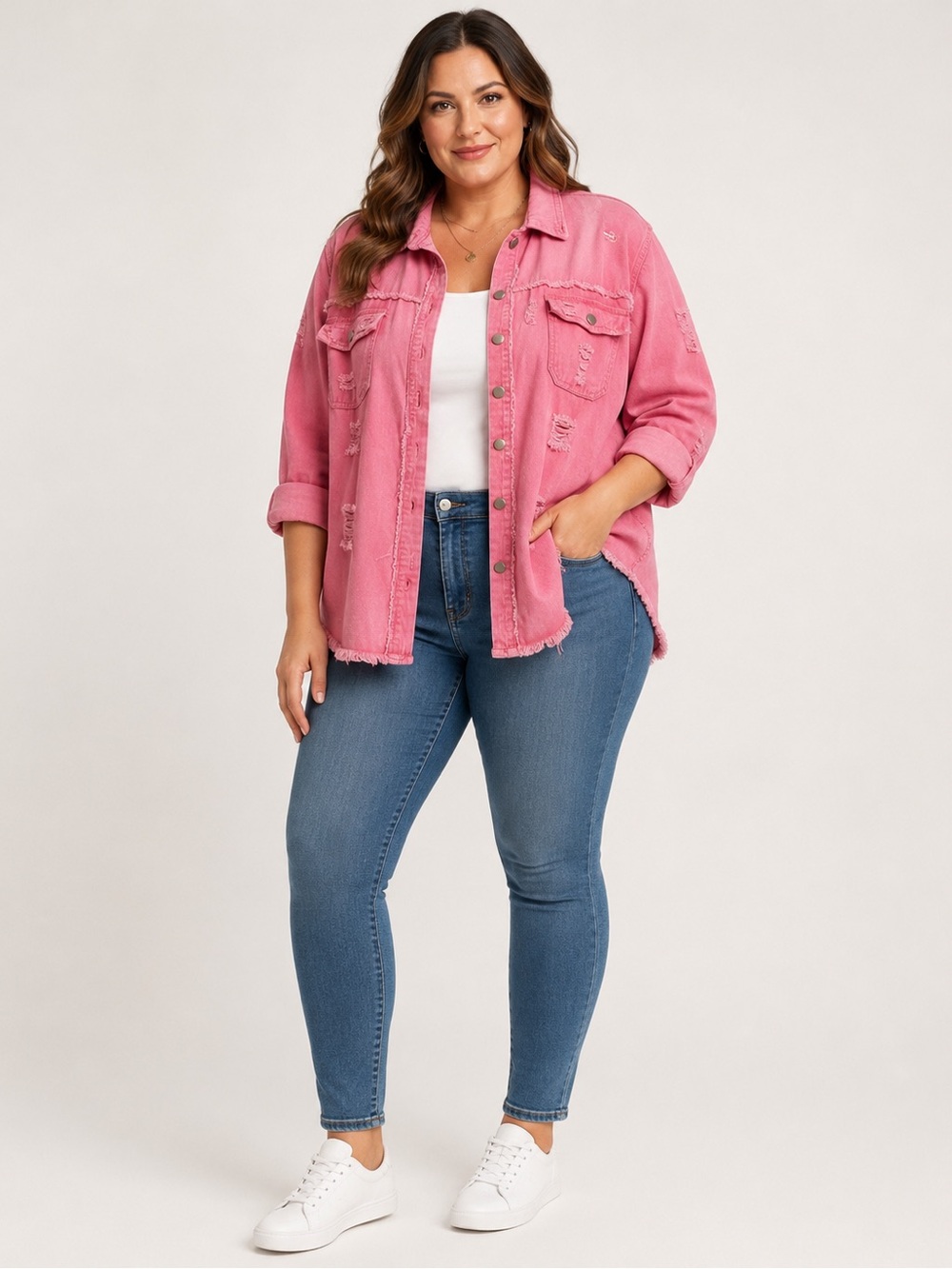 Pink Distressed Button-Down Shirt Jacket - Women